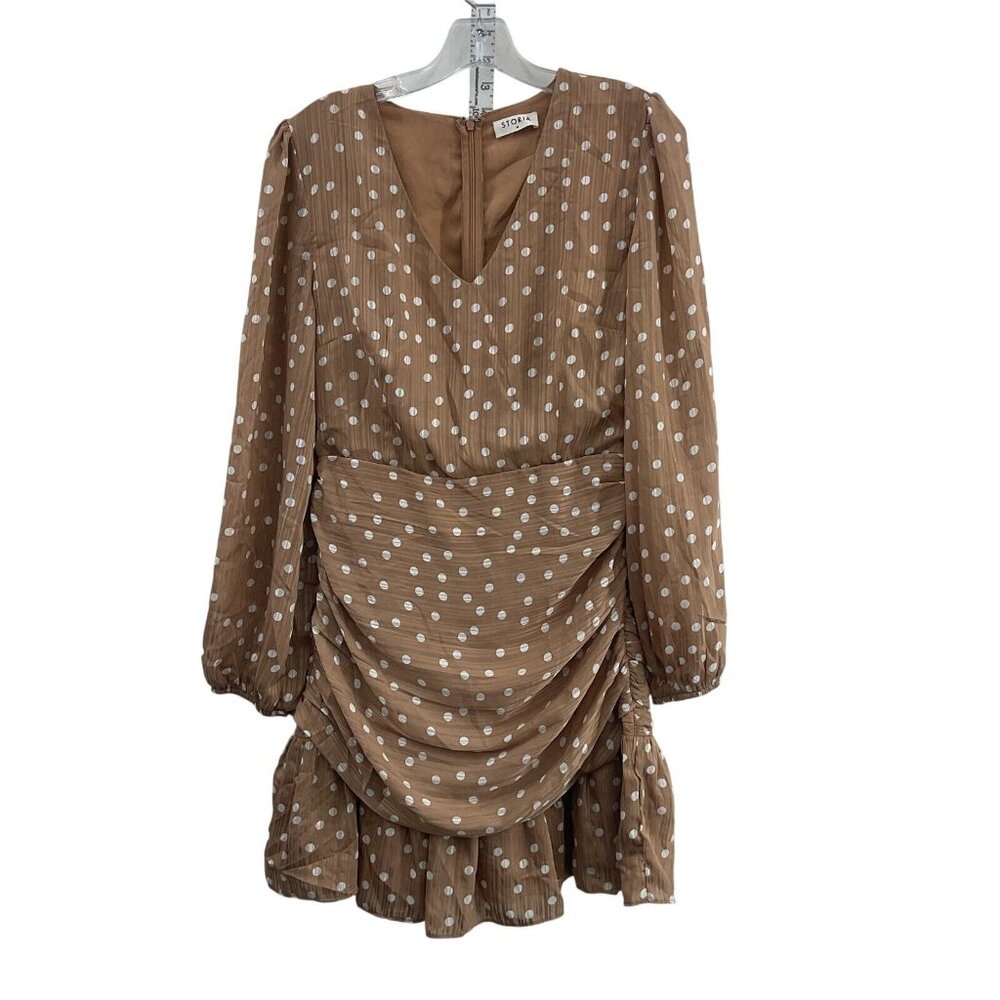 STORIA~Light Brown Polka Dot Ruched Long Sleeve Dress ~ Size  M